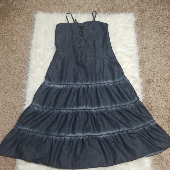 Jinying Dresses & Skirts - Boho Tiered Denim Ruffle Dress  Sleeveless Sz 8